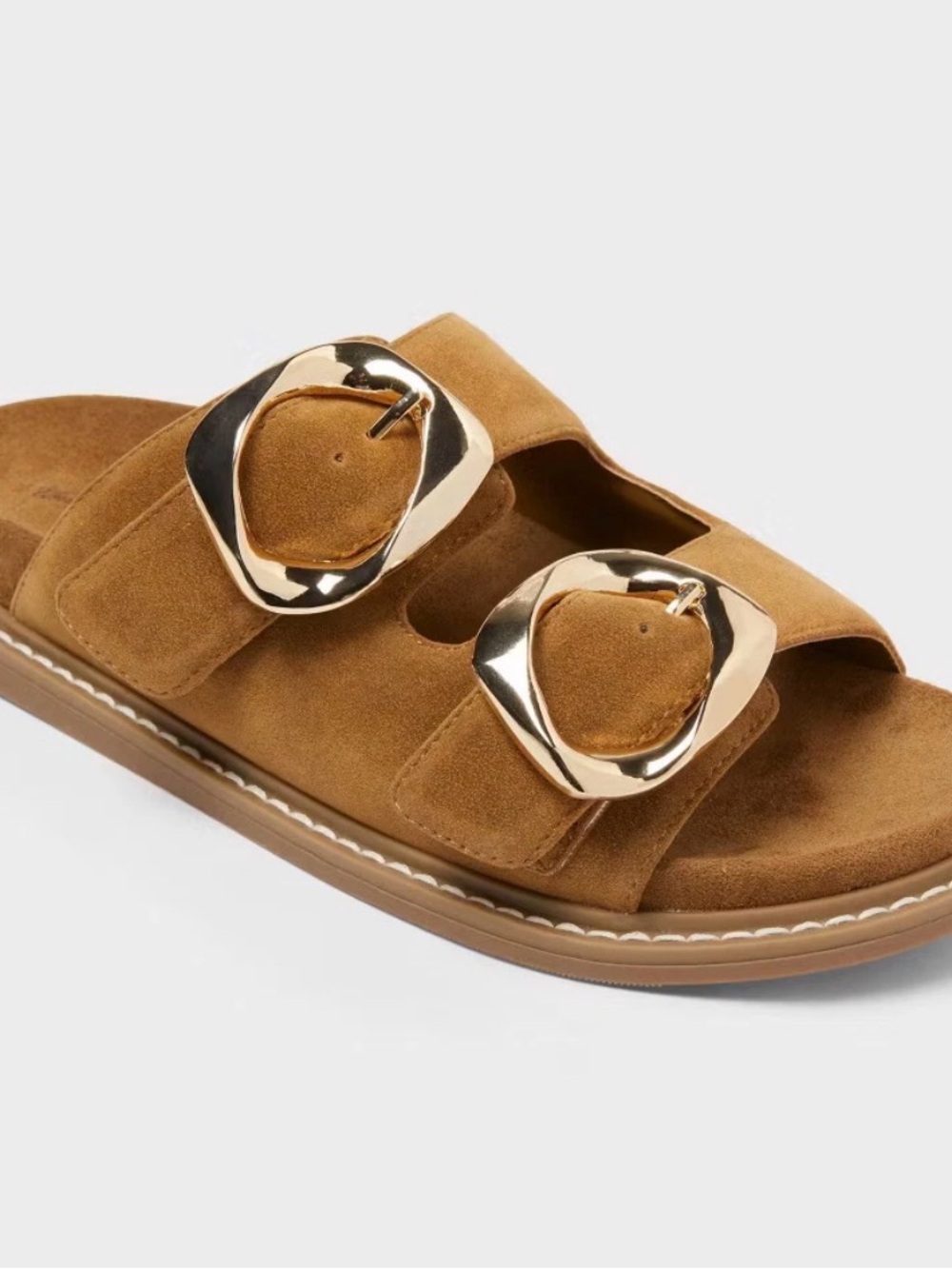 Universal Thread Suede Double-Buckle Slide Sandals in Brown with Gold Hardware